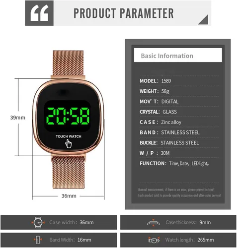 Vista 4 de MASTOP Reloj digital electrónico LED unisex, correa de malla inoxidable, resistente al agua, fecha táctil, cierre magnético, dorado