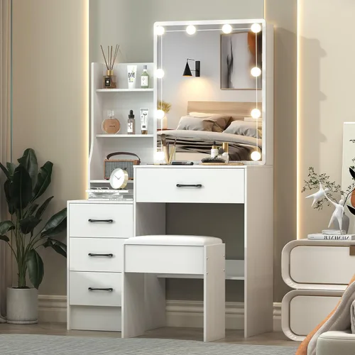 Vista 23 de Escritorio blanco cálido con espejo iluminado LED, mesa de tocador de maquillaje con armario izquierdo iluminado, 6 cajones y taburete, tocador