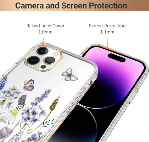 Vista 5 de luolnh Funda compatible con iPhone 14 Pro Max con flores, para mujeres femeninas, a prueba de golpes, transparente con patrón floral para iPhone 14