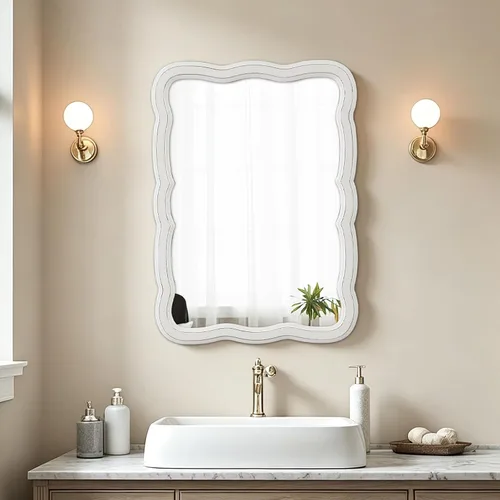 Vista 9 de Espejo de pared rectangular festoneado de 16 x 24 pulgadas, espejo de baño rústico de madera envejecida, espejo ondulado vintage sobre el tocador