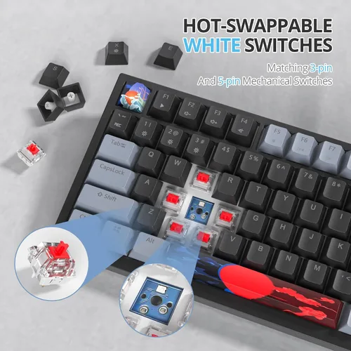 Vista 4 de Junta de teclado 75 % montada con almohadillas absorbentes de sonido, teclado mecánico RGB compacto de 82 teclas con cable para juegos, enchufe