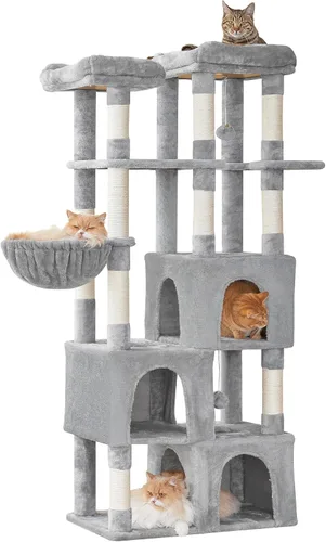 Vista 10 de MWPO Árbol grande para gatos de interior, torre de gatos de 63 pulgadas con 3 condominios para gatos, postes rascadores, pedestales acolchados, Beige