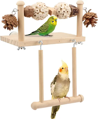 Vista 7 de Litewoo Plataforma de perca de madera para pájaros con juguetes masticables Madera natural, 1 sola bola, para loro/periquito/conure/jaula Sola bola