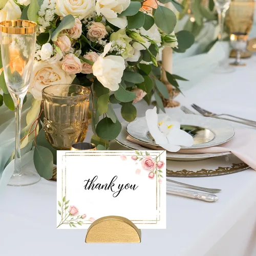 Vista 3 de 20 soportes dorados para números de mesa de boda, de madera, para colocar tarjetas de mesa de agradecimiento, mesas semicirculares, soportes