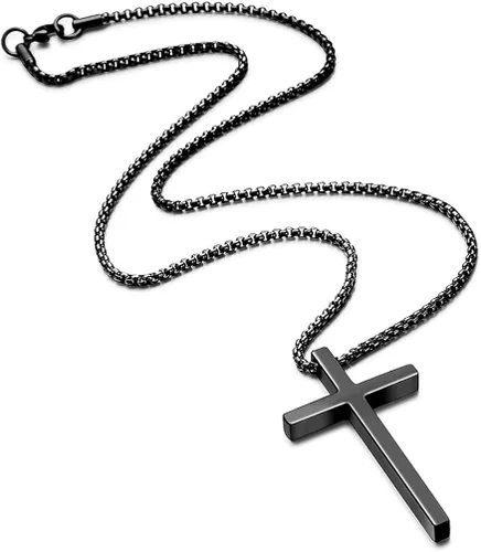 Vista 4 de Ursteel - Collar con dije de cruz de acero inoxidable para hombre, cadena de eslabones cuadrados de 16 a 30 pulgadas, color plateado, negro, dorado