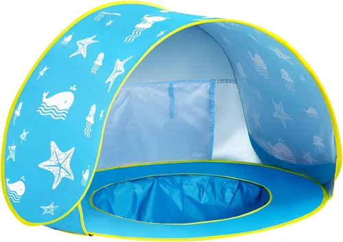 Vista 12 de Monobeach Tienda de campaña de playa para bebés con piscina: tienda de campaña desplegable con estrellas marrones para niños pequeños, refugio