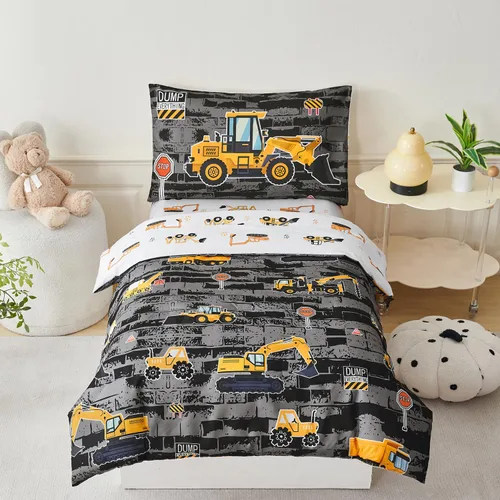 Vista 12 de PERFEMET Juego de cama de 4 piezas para niños pequeños con edredón de autos para niños, reversible, ligero, vehículos azules, juego de cama