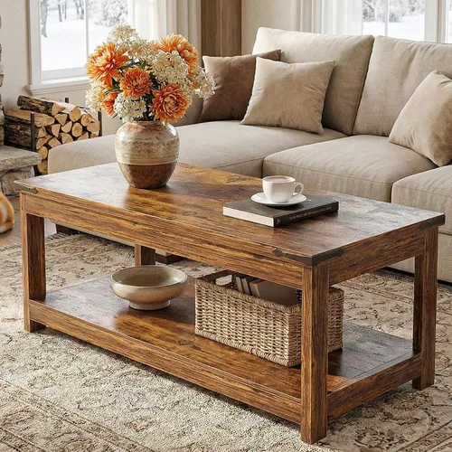 Vista 7 de Homieasy Mesa auxiliar rectangular de 43.3 pulgadas con estante de almacenamiento, mesa central de madera de granja para sala de estar, moderna mesa