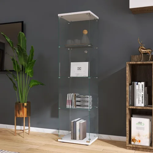 Vista 21 de Armario esquinero de cristal templado con 4 estantes de 64 pulgadas de alto, gabinete de licor de 5 lados con luces LED, bloqueo y pies ajustables