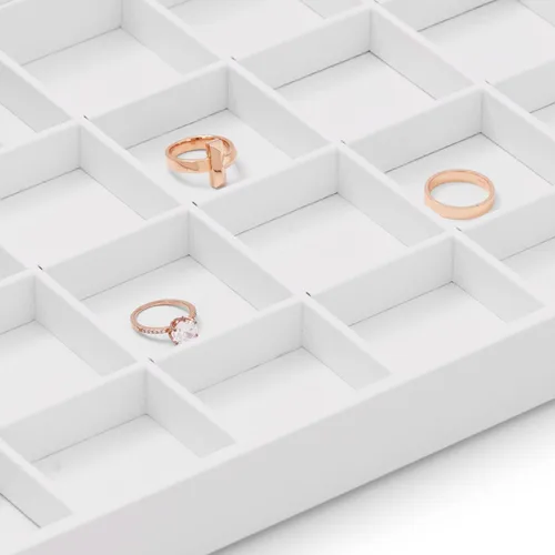Vista 6 de Oirlv - Bandeja apilable de piel sintética color blanco de calidad prémium para joyas, 24 rejillas, organizador de cajones, bandejas para anillos