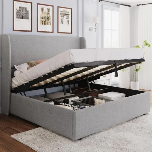 Vista 12 de PaPaJet Cama de Almacenamiento con Elevación Tamaño Queen, Marco de Cama Plataforma Tapizada con Almacenamiento Hidráulico/Cabecera Moderna Gris