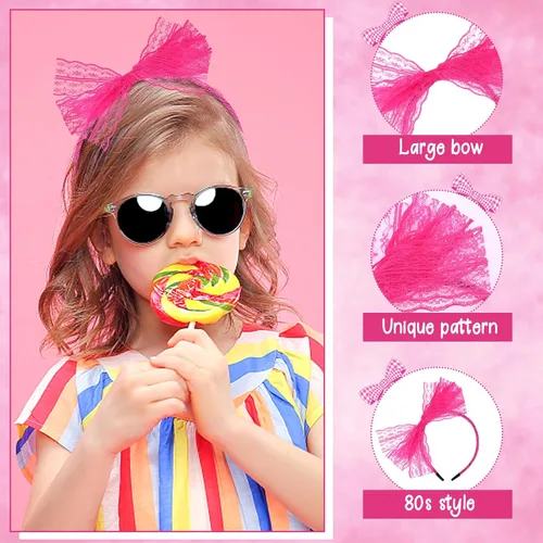 Vista 3 de Neon Lace Bow Headband, Elastic Women's 1980s Neon Lace Headband 1980s Cosplay Hair Accessories for Women