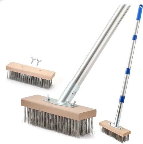 Vista 8 de MAXMAN Cepillo de alambre para fregar con cerdas de acero inoxidable de 63 Mango largo, cepillo de alambre grande resistente, depurador de piso