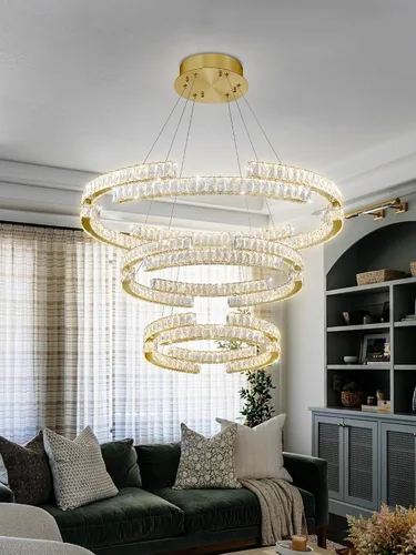 Vista 6 de D40''+D27.5''+D15.7'' Moderna lámpara de araña de oro de 3 anillos de cristal para sala de estar, luz colgante de cristal, entrada de vestíbulo Oro