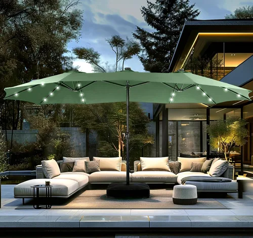 Vista 22 de PHI VILLA Sombrilla de patio grande de 15 pies con base y luces solares, paraguas rectangular de doble cara para exteriores con 36 luces LED, Beige
