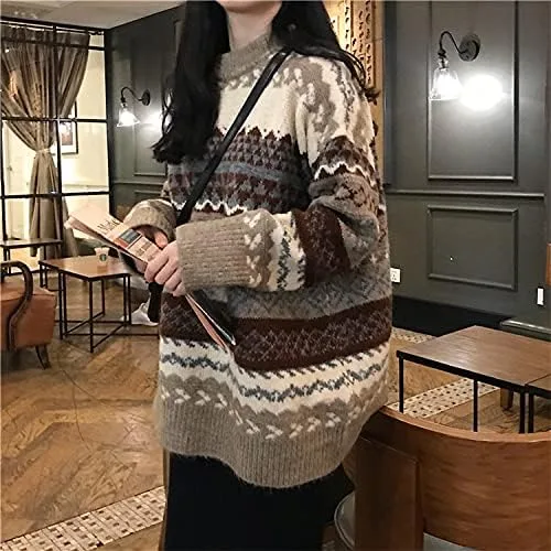 Vista 4 de Suéter de punto con estampado de rayas para mujer, estilo Y2K, para invierno, cálido, grunge, cuello redondo, tejido para abuelo, ropa Emo Alt