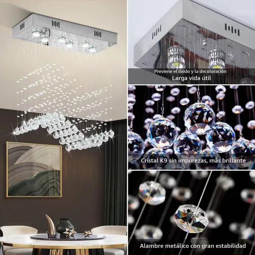 Vista 5 de Araña moderna de onda, araña rectangular de cristal con gotas de lluvia, montaje empotrado, lámpara colgante de techo cromada, ideal para comedor