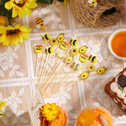 Vista 4 de Zubebe Palillos de cóctel de abejas de verano, palillos de dientes de bambú de girasol, palillos de dientes de cóctel para cupcakes, aperitivos