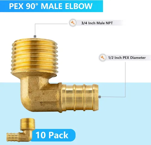 Vista 3 de Paquete de 10 accesorios PEX, Pex de 1/2 x 3/4 pulgadas, rosca macho NPT codo de latón con púas de codo, 1/2 pulgada F1807 codo macho para tuberías