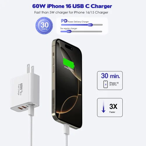 Vista 2 de Bloque de carga rápida para iPhone 17/16, paquete de 2 bloques de carga USB de 60 W, adaptador de carga de 5 puertos para Apple iPhone cargador