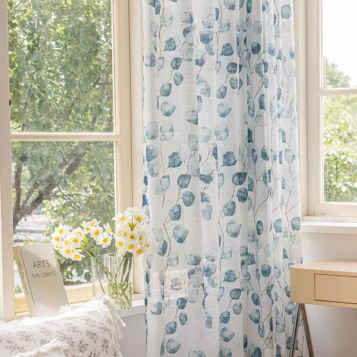 Vista 3 de SUOUO Cortinas blancas semitransparentes con hojas azules para dormitorio, comedor, sala de estar, lino texturizado de 84 pulgadas de largo