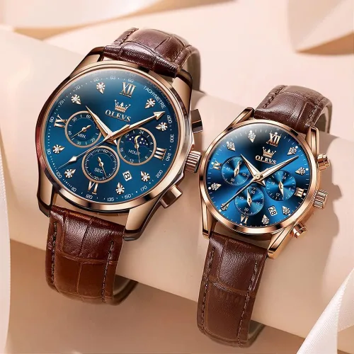Vista 24 de OLEVS Juego de 2 relojes de cuarzo para parejas de San Valentín, para él y ella, cronógrafo de cuero, con diamantes para hombres, mujeres, amantes