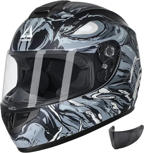 Vista 9 de TRIANGLE Cascos de motocicleta de cara completa para hombres y mujeres con visera tintada y transparente, cumple con la aprobación DOT Gris