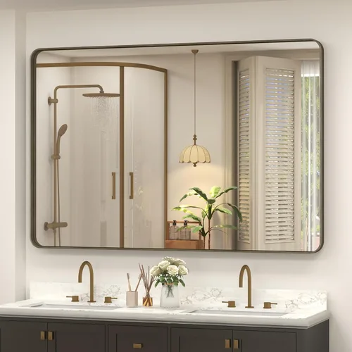 Vista 22 de Espejo rectangular para pared de baño de 20x30 pulgadas con marco negro mate, espejo de tocador con esquinas redondeadas, espejo de baño de metal