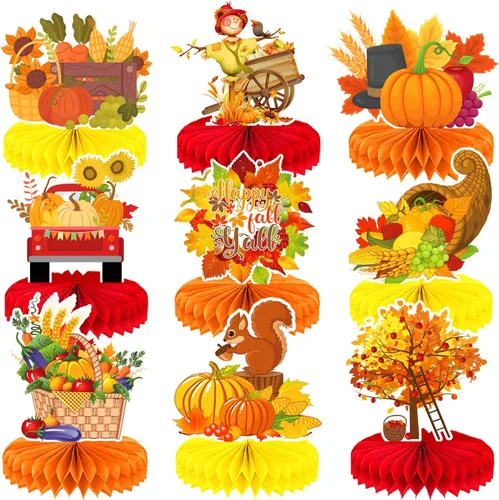 Vista 11 de Centro de mesa de Acción de Gracias, 9 piezas, decoración de mesa de otoño, calabaza, pavo, panal, Acción de Gracias, centro de mesa para decoración