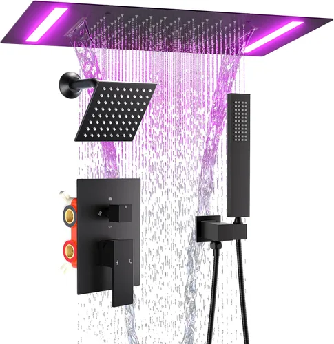Vista 19 de ENGA Sistema de ducha dorado brillante con chorros corporales, 2 en 1 funciones de montaje en techo, cabezal de ducha LED de 14 x 20 pulgadas con 4