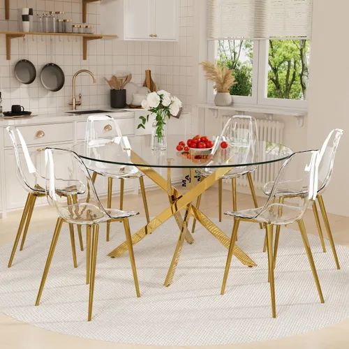 Vista 12 de Juego de mesa de comedor de cristal redondo transparente para 4, juego de mesa de cocina circular de 5 piezas, juego de mesa de comedor circular