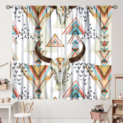 Vista 147 de Cortinas con patrón geométrico tribal, estilo suroeste, azteca, rústico, occidental, nativo americano, opacas, con bolsillo para barra, decoración