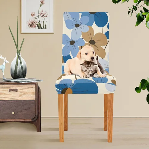 Vista 5 de Blue Brown Retro Flowers Decorative Chair Slipcover for Dining Room Soft Quality Reliable Chair Slipcovers cubre sillas para comedor Set of 4