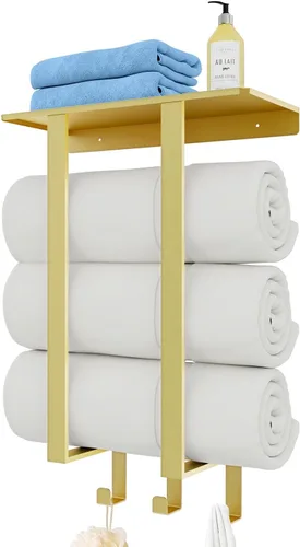Vista 13 de Toalleros para baño, toallero con estante y 3 ganchos, soportes de almacenamiento de toallas de pared para toallas de baño enrolladas, color negro