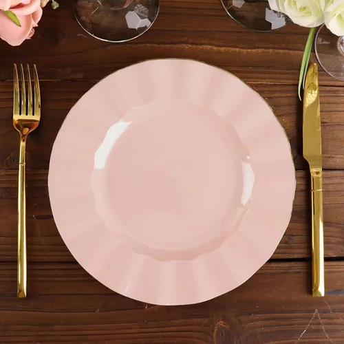 Vista 168 de Tableclothsfactory Paquete de 10 platos redondos de plástico negro de 6 pulgadas para ensalada de postre, platos desechables con borde ondulado