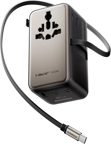 Vista 10 de MOMAX Adaptador de viaje universal de 70 W, adaptador de corriente internacional 6 en 1 con cable retráctil USB-C, adaptador de enchufe de CA dual