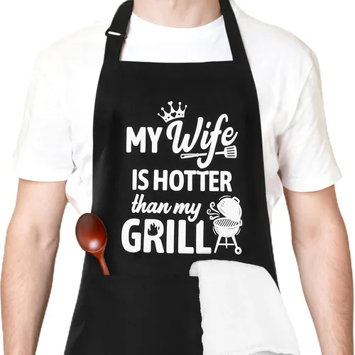 Vista 11 de Delantales divertidos para hombres, delantales de cocina profesionales con dos bolsillos, delantal de chef ajustable, delantal con babero para regalo