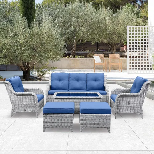 Vista 19 de Belord Mesa auxiliar pequeña para exteriores, mesa de mimbre de vidrio templado, mesa de centro impermeable para patio, mesa auxiliar de ratán