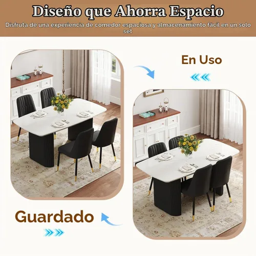 Vista 4 de Juego de mesa de comedor blanco Ebullient para 4, juego de mesa de comedor ovalada de mármol de 67' con 4 sillas de metal, parte superior de grano