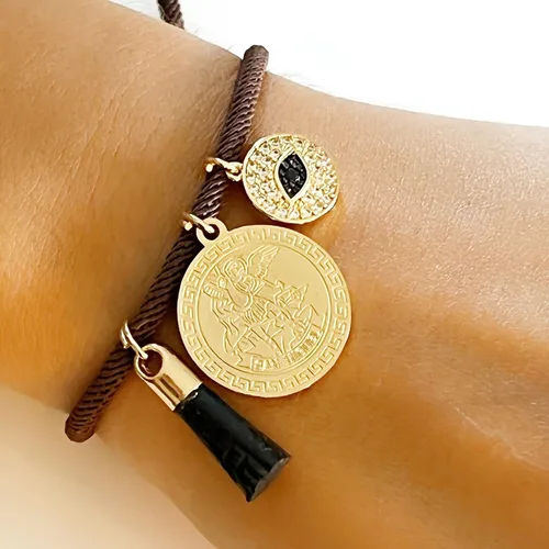 Vista 3 de LESLIE BOULES Pulsera de medalla de San Miguel para mujer (marrón), Latón, Chapado en oro