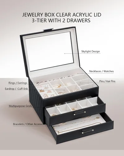 Vista 3 de Joyeros con tapa de cristal, cajas de joyería para mujeres, organizador de joyas de 3 niveles con 2 cajones, estuche de exhibición de joyas, regalo