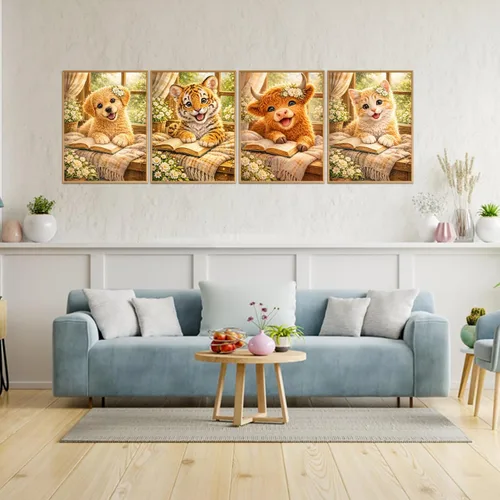 Vista 2 de Kits de pintura de diamantes de animales para adultos, paquete de 4 unidades, lindo tigre, vaca, gato, perro, kit de arte de diamantes, pintura