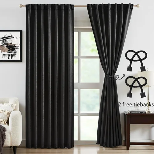 Vista 2 de Bujasso Cortinas de jacquard negras con bolsillo para barra, pestaña trasera y lazos de lujo, cortinas aisladas térmicamente para oscurecer