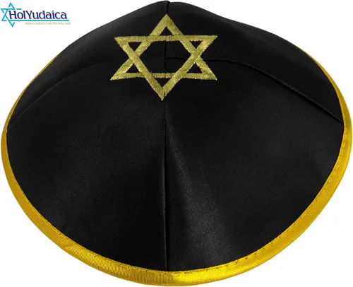 Vista 6 de Paquete de 10 piezas Hq 7.9 in Satin Kipá con cuerda de plataoro+Estrella de David para hombres y niños, sombrero Yamaka de Israel, Negro Oro