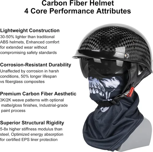 Vista 5 de Medio casco de motocicleta de fibra de carbono para adultos, hombres y mujeres, cascos retro de cara abierta aprobados por DOT con visera, diseño