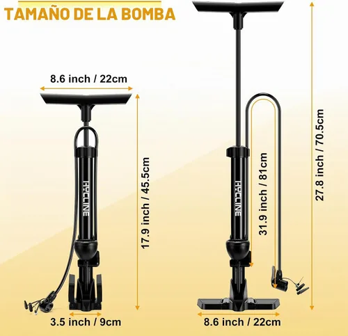 Vista 3 de Hycline Bomba de piso para bicicleta con manómetro: bombas de bicicleta de alta presión de 160 PSI - Bomba de aire duradera para válvulas Presta