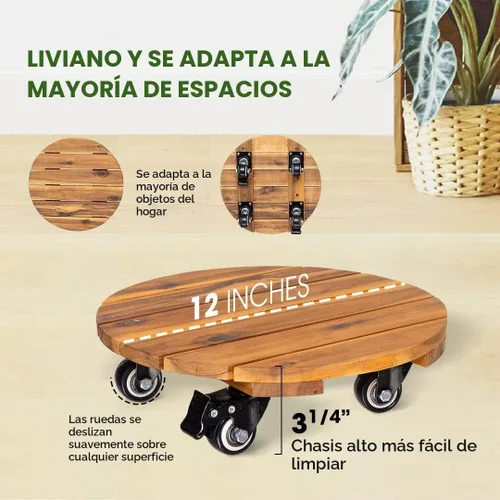 Vista 4 de IDZO - Paquete de 2 cajas de madera de 12 pulgadas con ruedas, resistente, capacidad de 264 libras, plataforma de madera dura de acacia, soporte