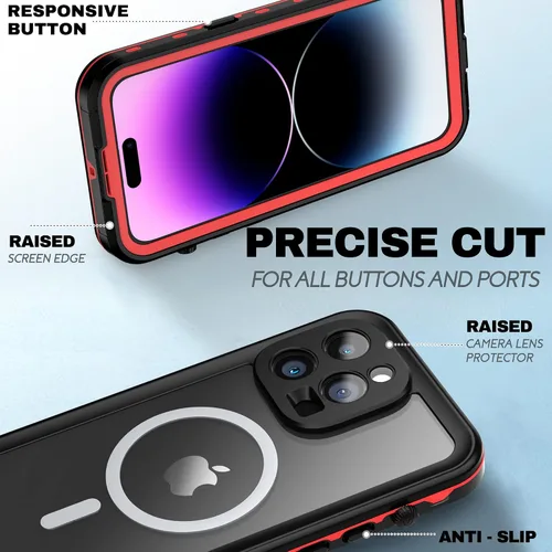 Vista 6 de BEASTEK Funda impermeable para iPhone 14 Pro, TRE Series MagSafe a prueba de golpes a prueba de polvo IP68 con protector de pantalla integrado y Rojo