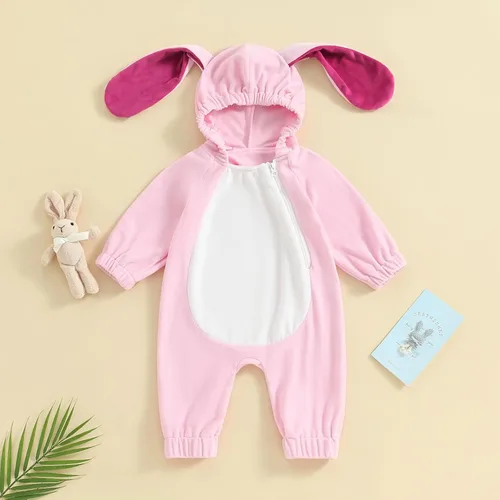Vista 2 de Amnnchya Traje de Pascua para niña y niño, de manga larga, con orejas de conejo, con capucha, disfraz de conejo de Pascua