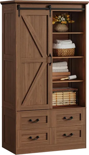 Vista 8 de IRONCK Armario Armario con 4 cajones, armario de 71 pulgadas con puertas correderas de granero, armario alto de almacenamiento de ropa con barra